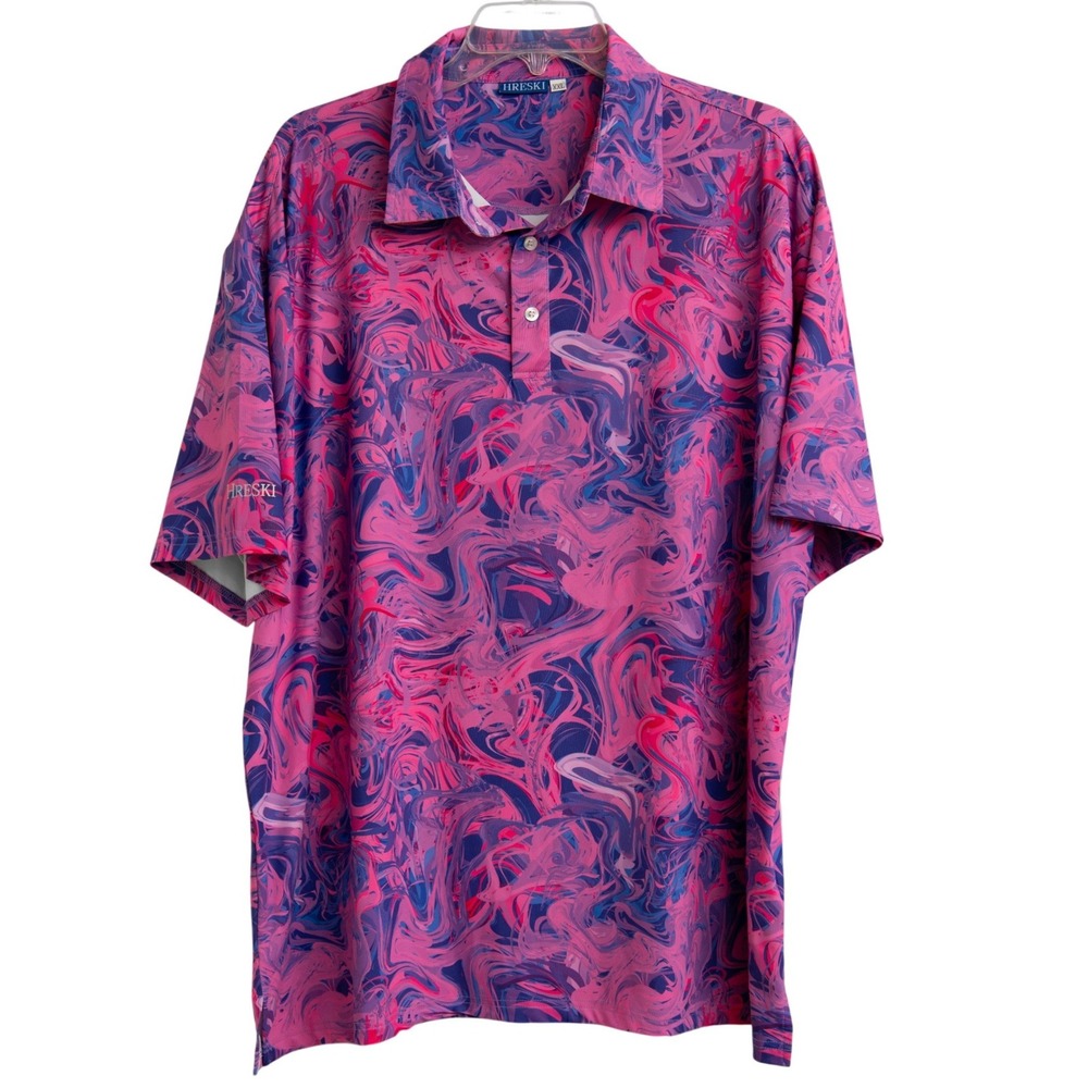Hreski Mens XXL Golf Polo Shirt Pink Blue Psychedelic Swirl Funky Abstract Print